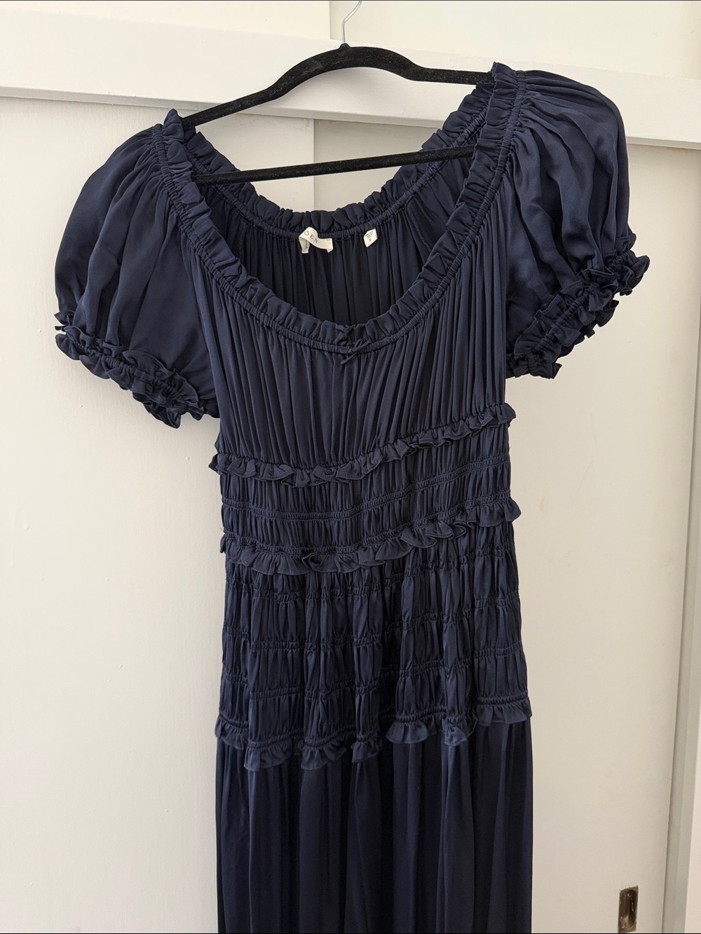 Doen Navy Smocked Puff-Sleeve Silk Dress